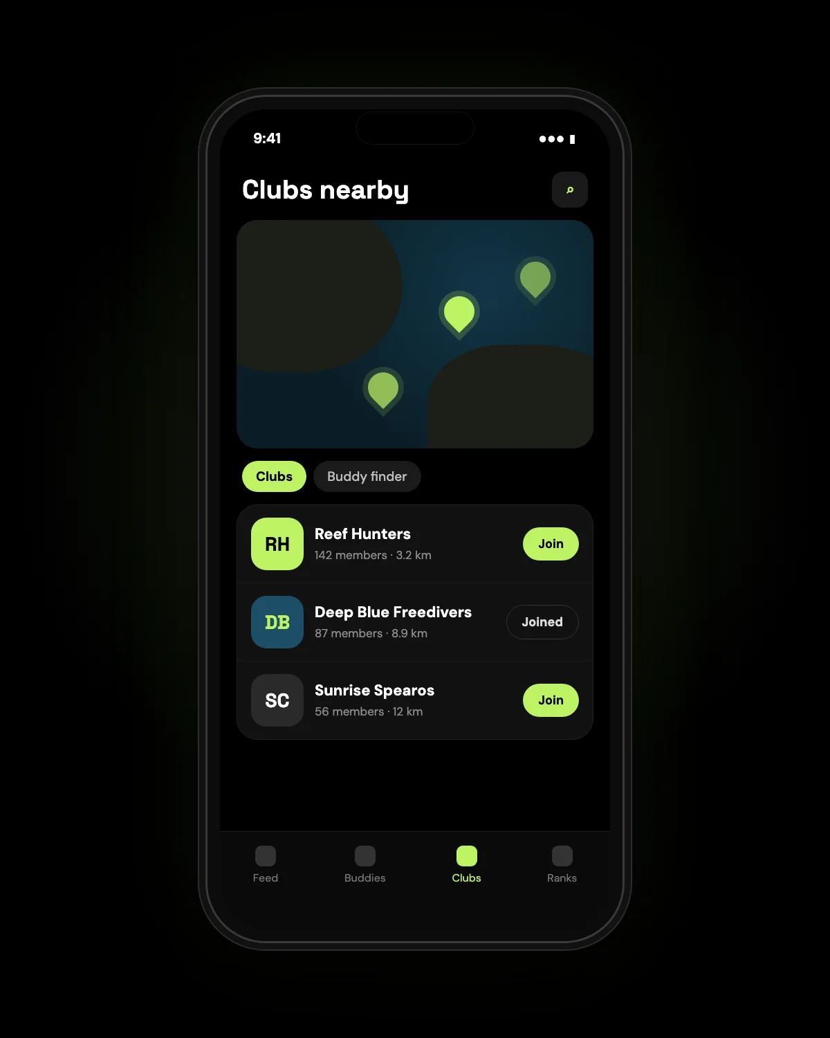 Clubs & buddies (mockup)