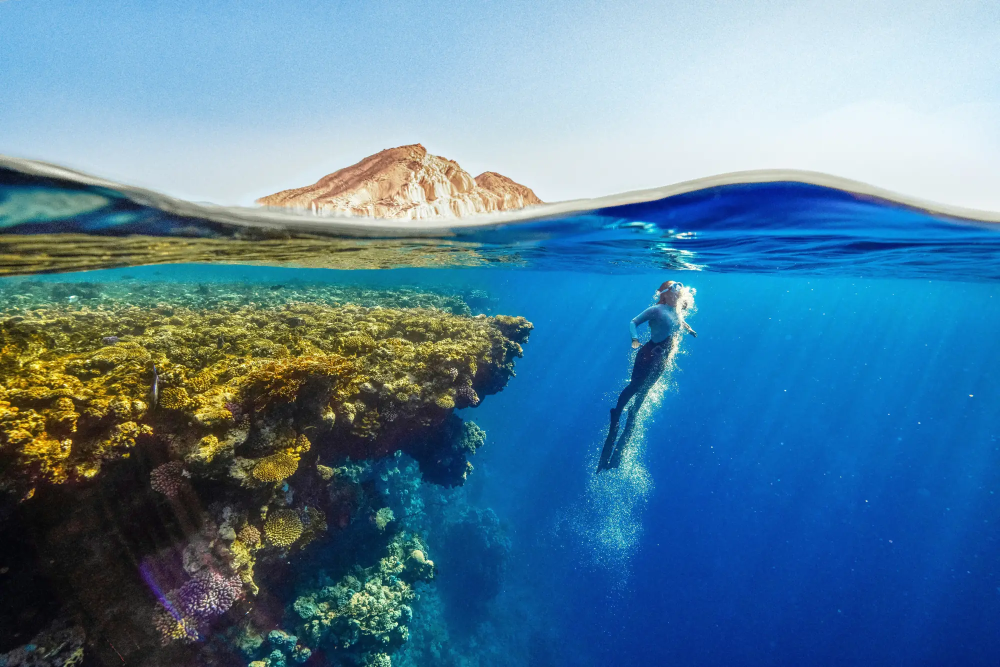 A reef seen half above and half below the water's surface